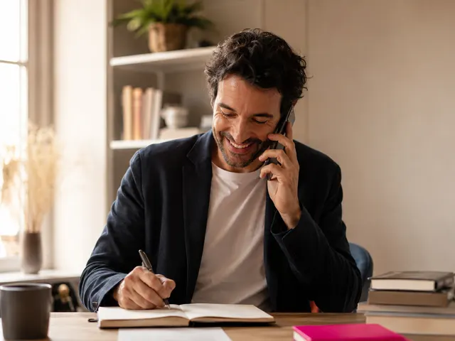 Un professionnel rédige une introduction, téléphone à l’oreille