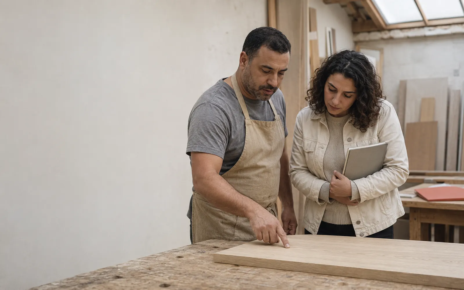 Dans un atelier de menuiserie, un artisan en tablier montre du doigt un panneau de bois posé sur l'établi à une professionnelle qui tient un dossier sous le bras.