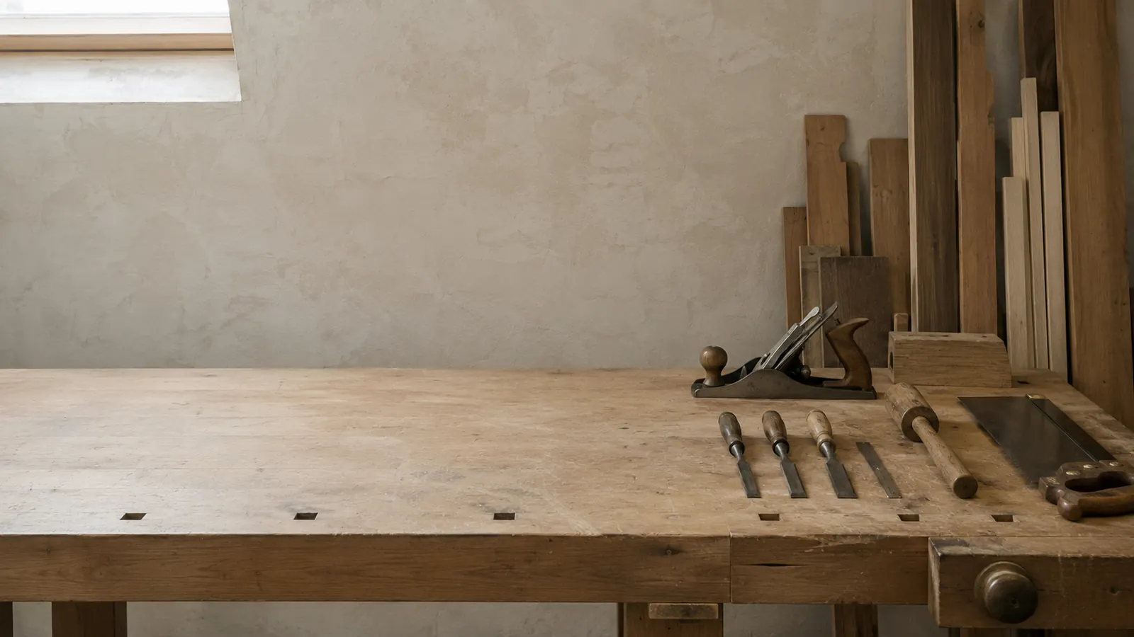 Établi d'atelier en bois massif sous une verrière, avec un rabot, quatre ciseaux à bois, un maillet et une scie alignés, prêt à recevoir des visiteurs.