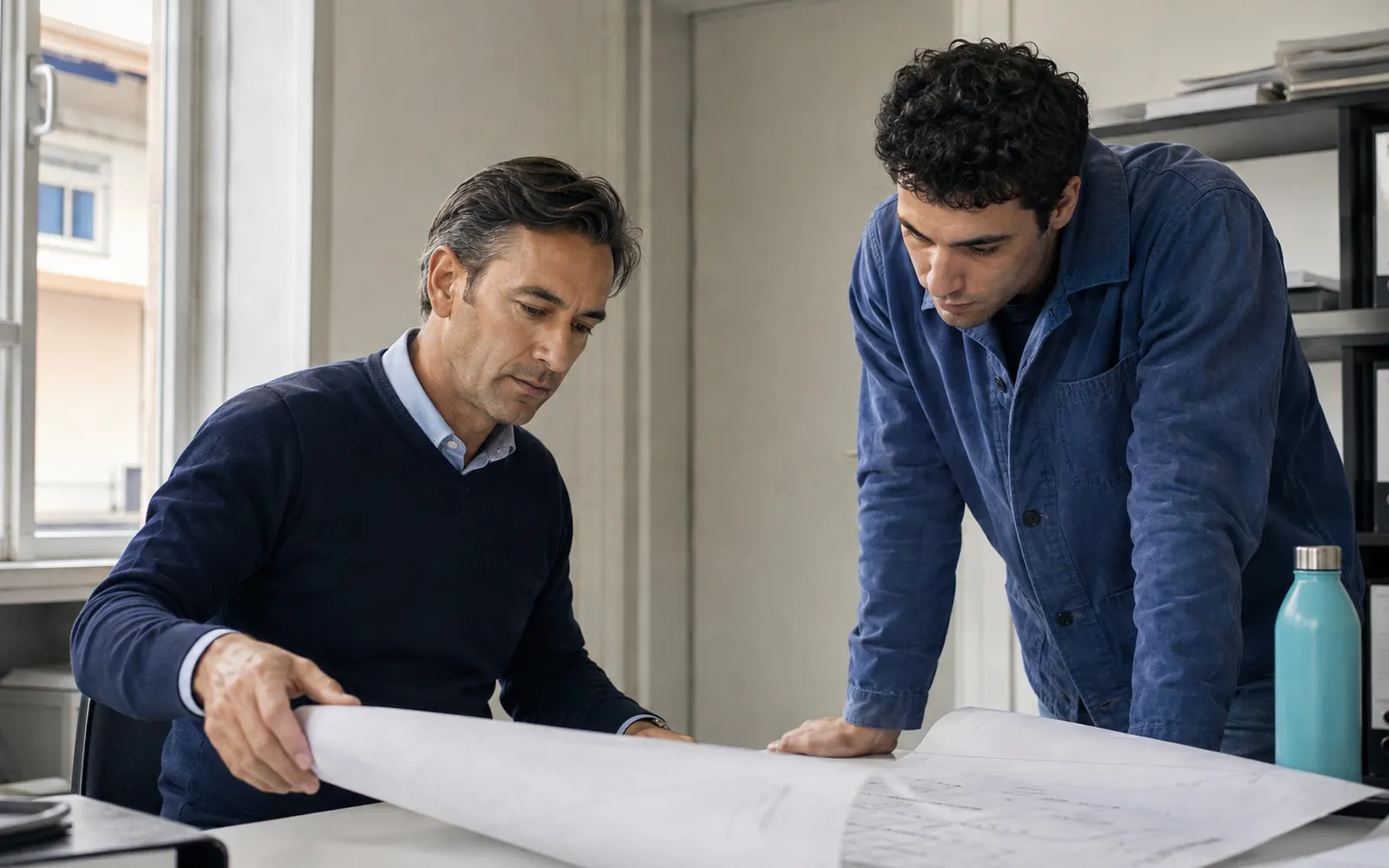 Dans un bureau d'atelier, un dirigeant assis et un technicien en veste de travail examinent ensemble un plan déroulé sur la table.